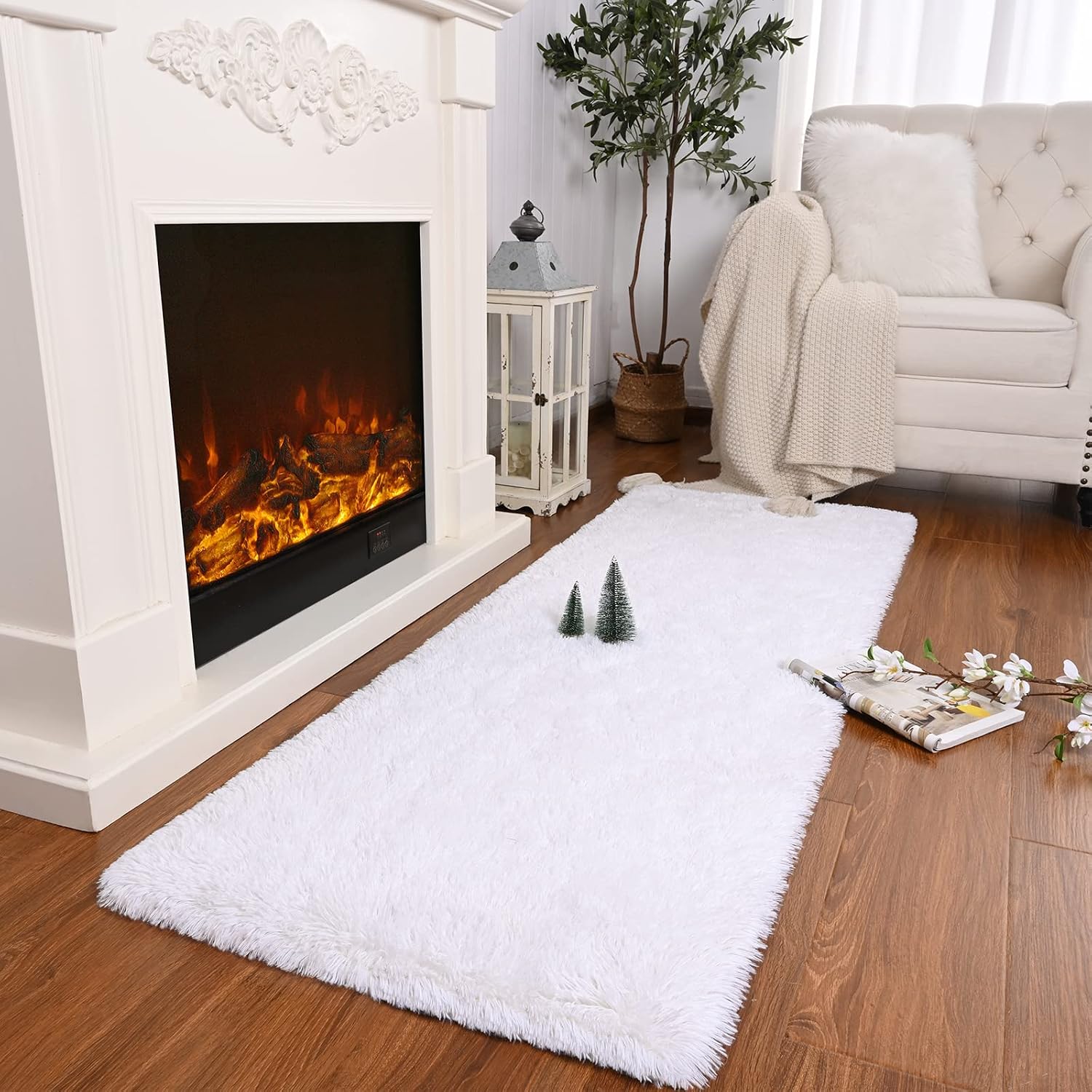 Runner Rug for Bedroom, 2x6 Soft Shag Fluffy Area Rugs for Girls Boy's Room, Plush Shaggy Carpet with Non-Slip Bottom for Living Room Dorm, White image 5