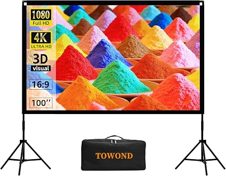 Projector Screen and Stand, Towond 100 inch Portable Movie Screen Indoor Outdoor 169 HD Front Rear Projection Screen with Carry Bag Wrinkle-Free and Foldable Polyester Fabric Design for Home Cinema