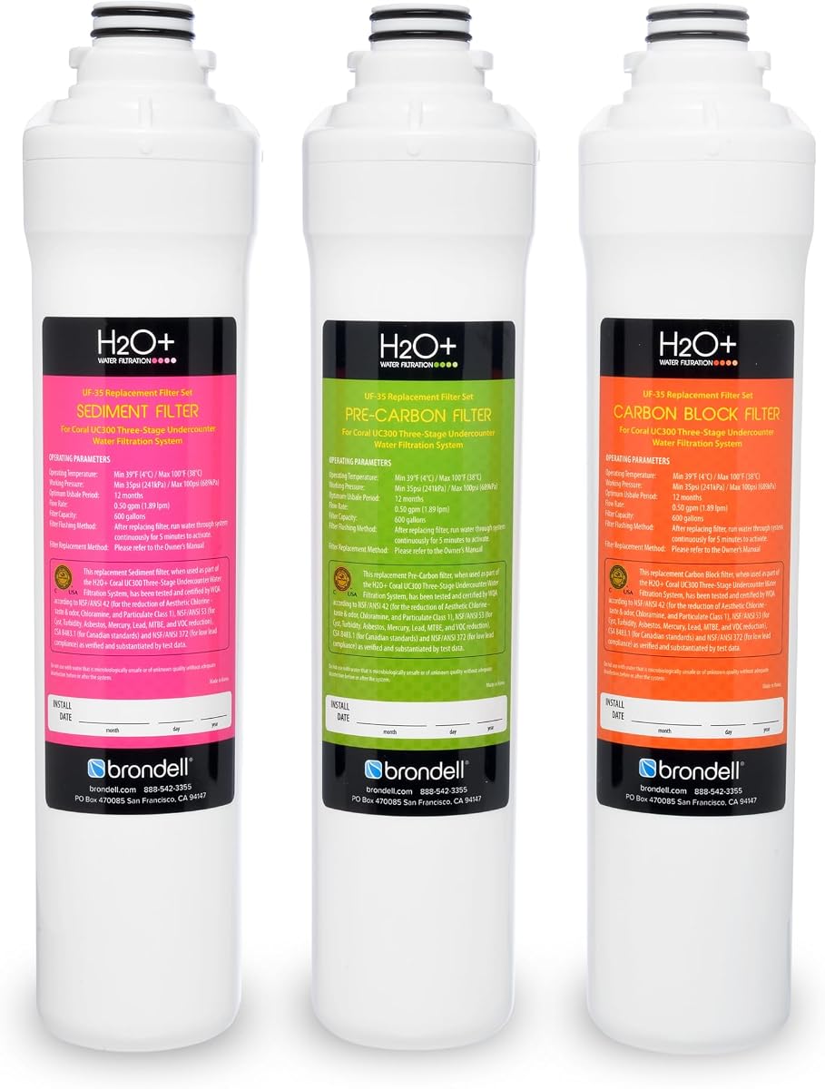 Brondell H2O+ Coral UC300 Sistema de filtración de agua debajo del mostrador de tres etapas (filtros de repuesto UF-35)