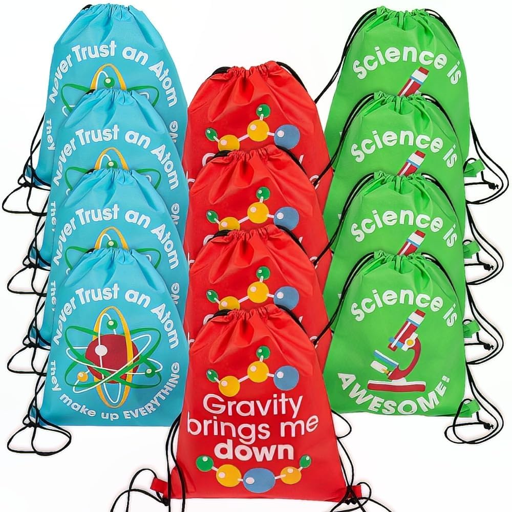 Fun Express Drawstring Backpack Bags for Kids 12 Pack - Science Party Favors Bulk Gift Bags with Drawstring Closure | Reusable Polyester String Backpacks for STEM Events, Goodie Bags & Giveaways