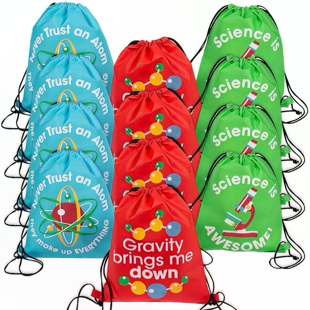 Fun Express Science Party Drawstring Backpacks & Favor Bags - Durable Polyester - Perfect for Science Camps Kids - Parties & STEM Activities - Ideal for Fun Celebrations - 12" x 14.5" - 12 Pieces
