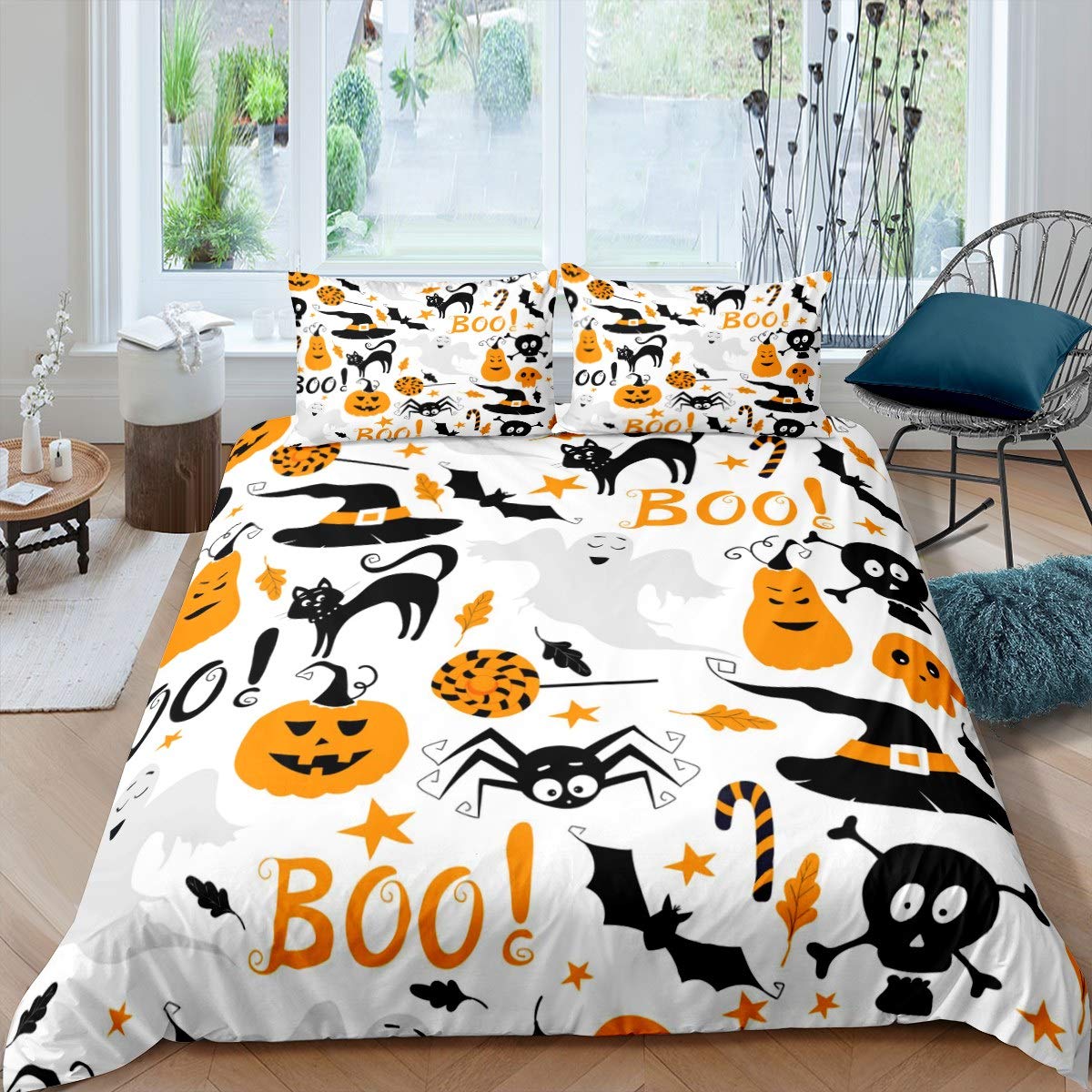 MarCielo Halloween Tagesdecken-Set Für Kinder - Mit Kürbissen, Katzen & Spukhäusern