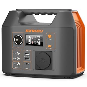 SinKeu Portable Power Station 296 WH Emergency Solar Generator with 230 V 300 W Pure Sine Wave AC Socket 12 V DC USB Type C LED Light Power Storage for Camping On the Go Power Outages