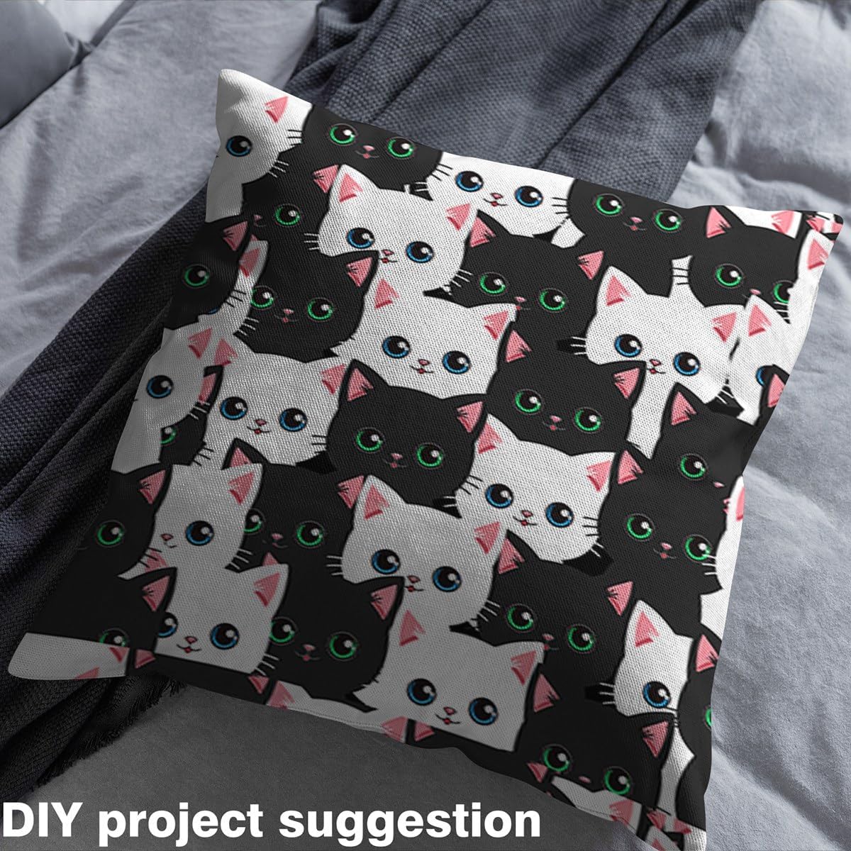 Feelyou Cartoon Cat Fabric by The Yard 3 Yards Kids Gradient Line Cat Decorative Waterproof Outdoor Fabric Cute Cat Upholstery Fabric for Chairs Black White Decor DIY Reupholstery Fabric