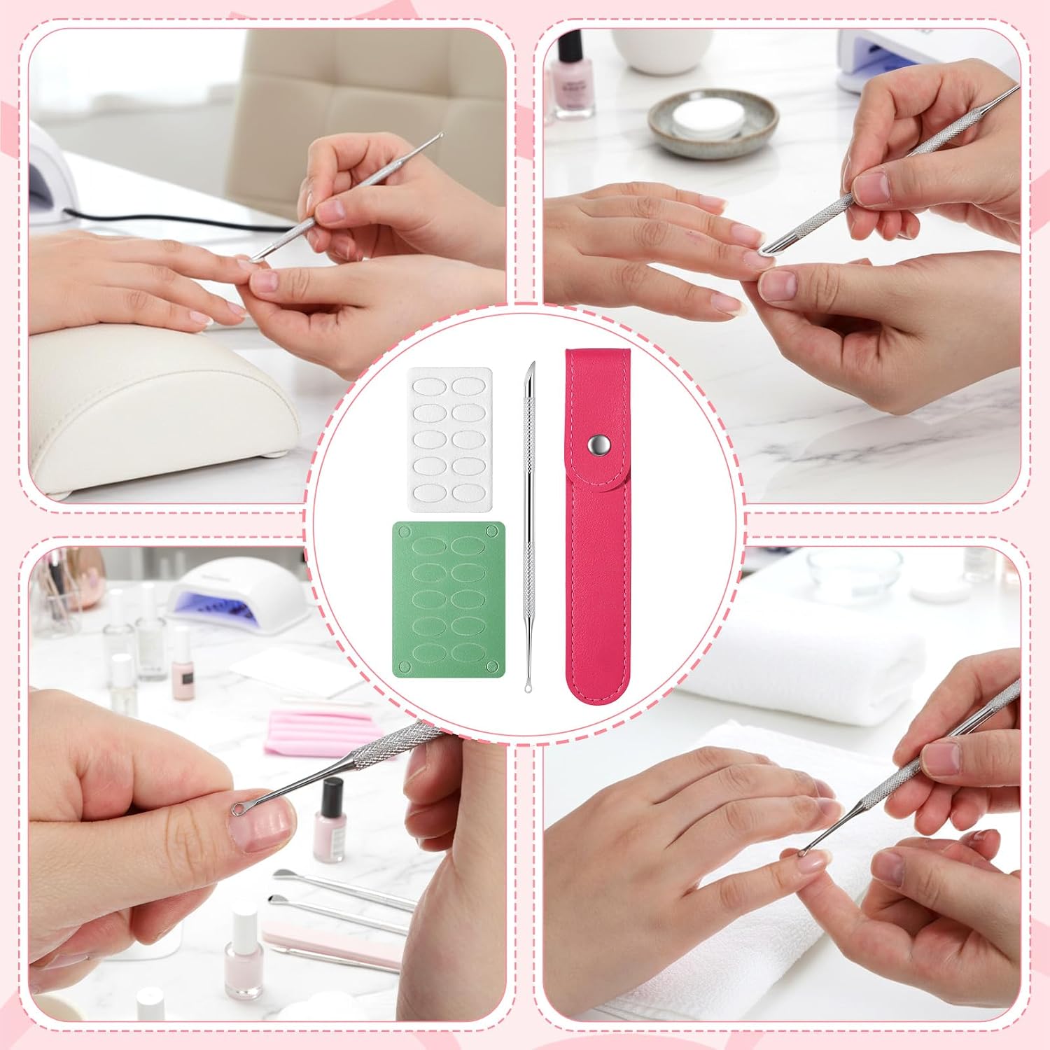 JJUNW Dual Ended Metal Cuticle Pusher, 1 Pc Pre-Treatment Loop Dead Skin Remover Tool, Comes with 100# 240# Grit Nail Files & Storage Pouches for Home Salon Nail Art Cuticle Cleaning