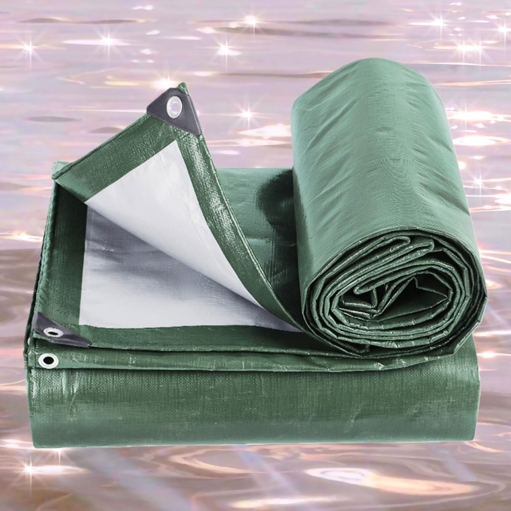 Lona impermeable verde de PE de 110x440 cm reforzada con ojales para proteger leña exterior