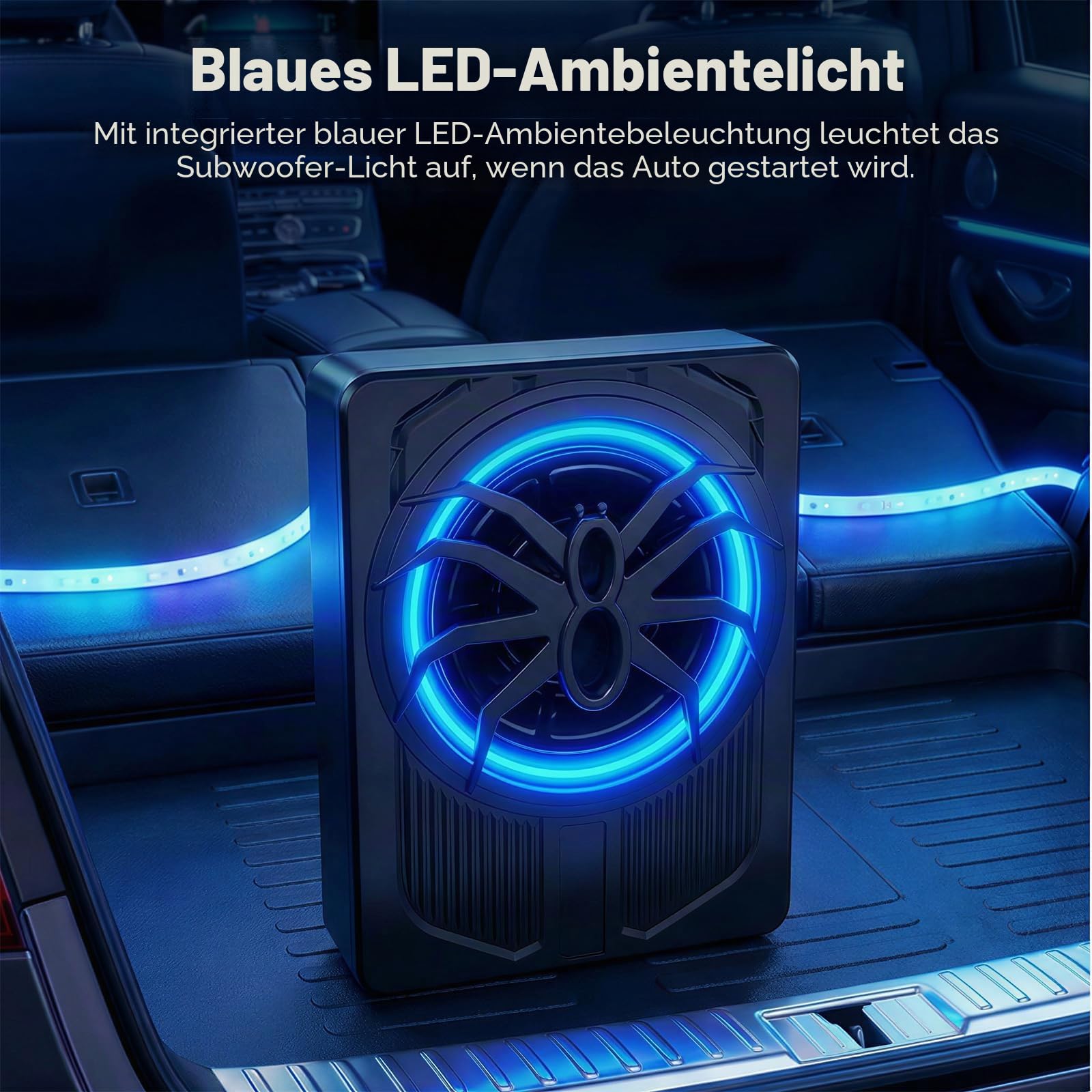 OiLiehu Untersitz Auto Subwoofer 1000W, 10" Schlanker Auto Subwoofer mit Stereo-Surround-Sound, Integrierter Audioverstärker, mit Blauem LED-Umgebungslicht