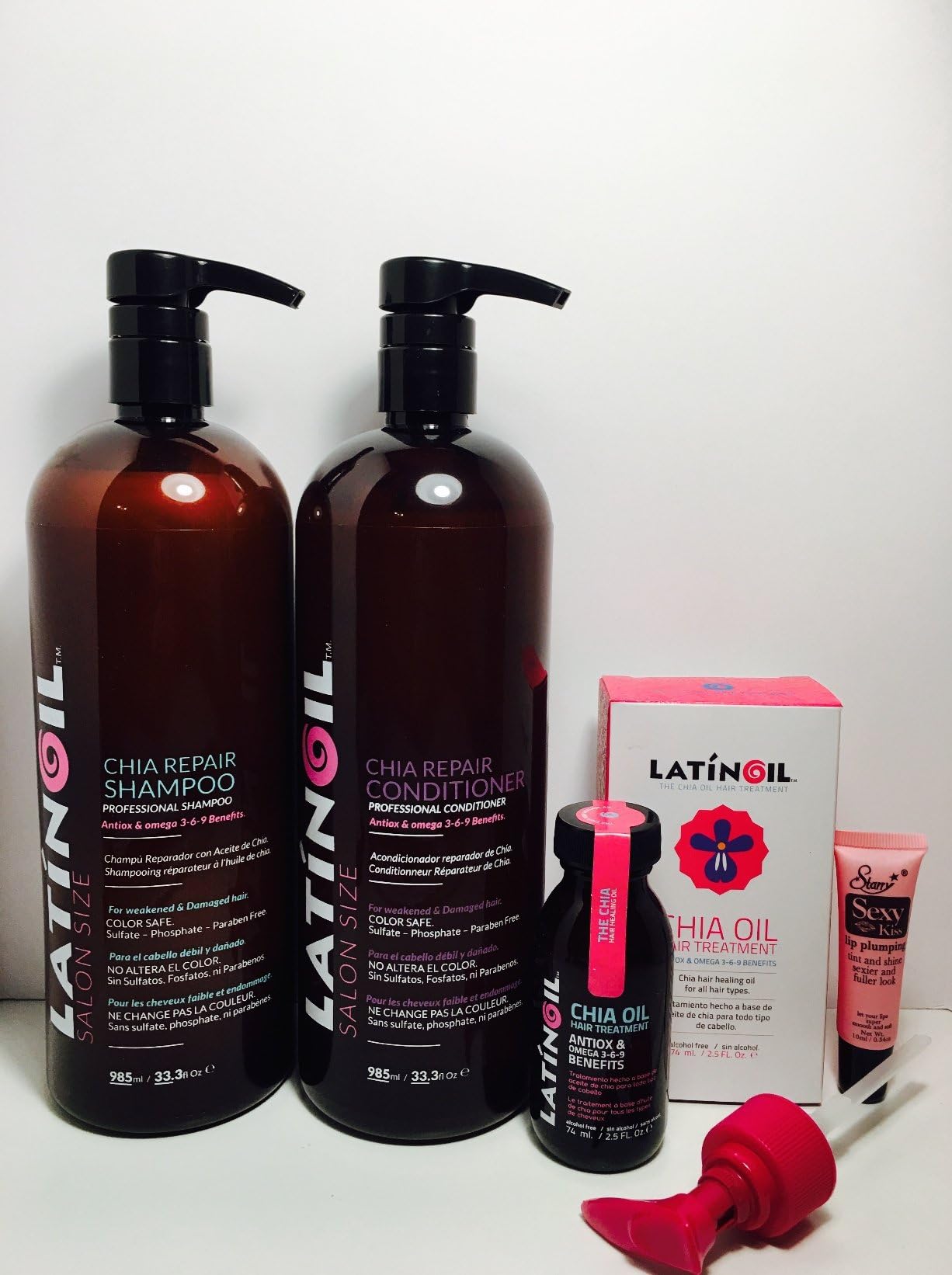 Latinoil Chia Seed Oil Hair Treatment with Omega 3-6-9 Kit - (Shampoo 985 ml, Conditioner 985 ml, Oil Treatment 74ml) Free Starry Sexy Lip plumping gloss tube 10ml