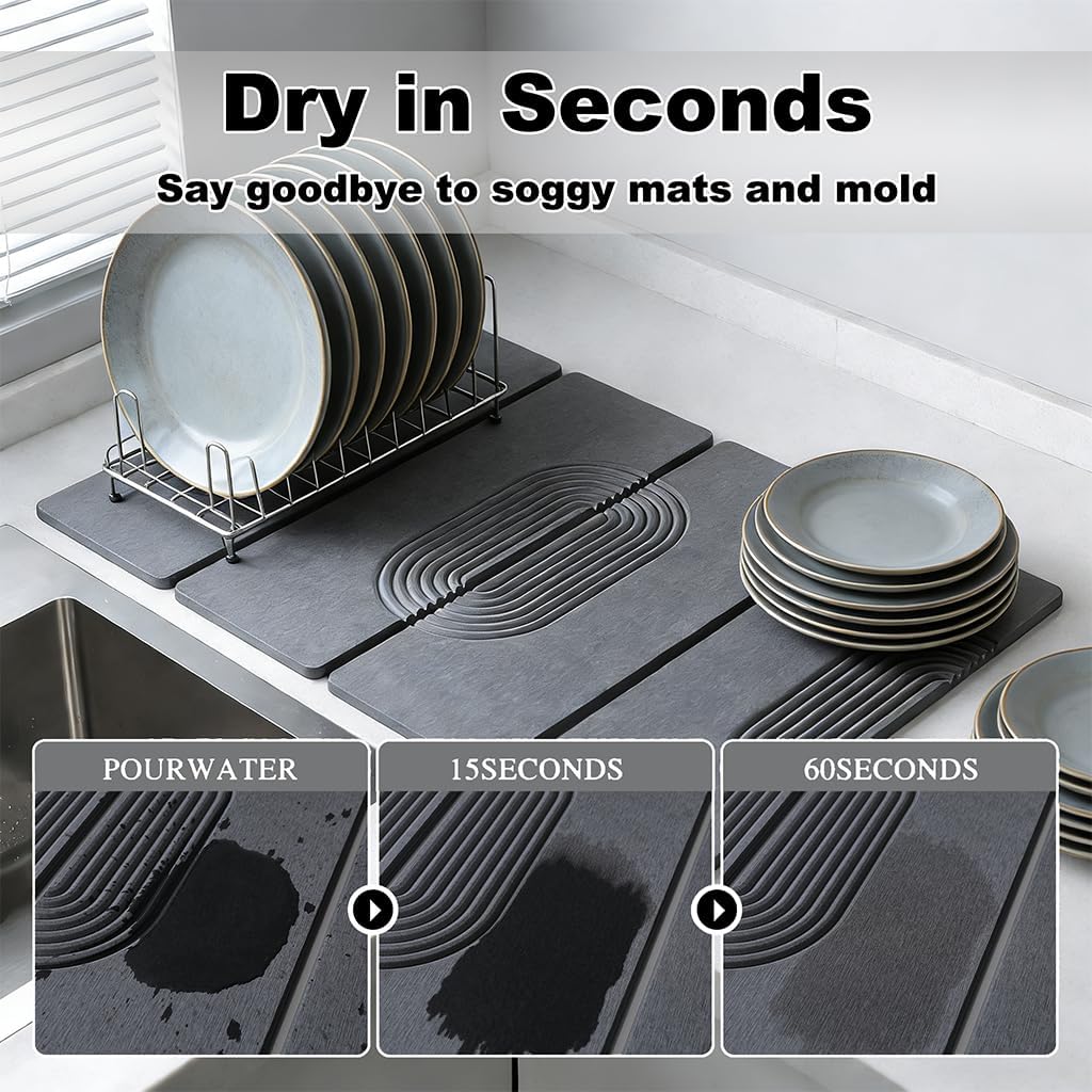 Large Stone Dish Drying Mat for Kitchen Counter,Collapsable Stone Dish Drying Mat with Diatomaceous Earth for Quick Drying-Ultra Absorbent-Eco-Friendly,Foldable-23.6"×15.7" Dark Gray Curved Grooves