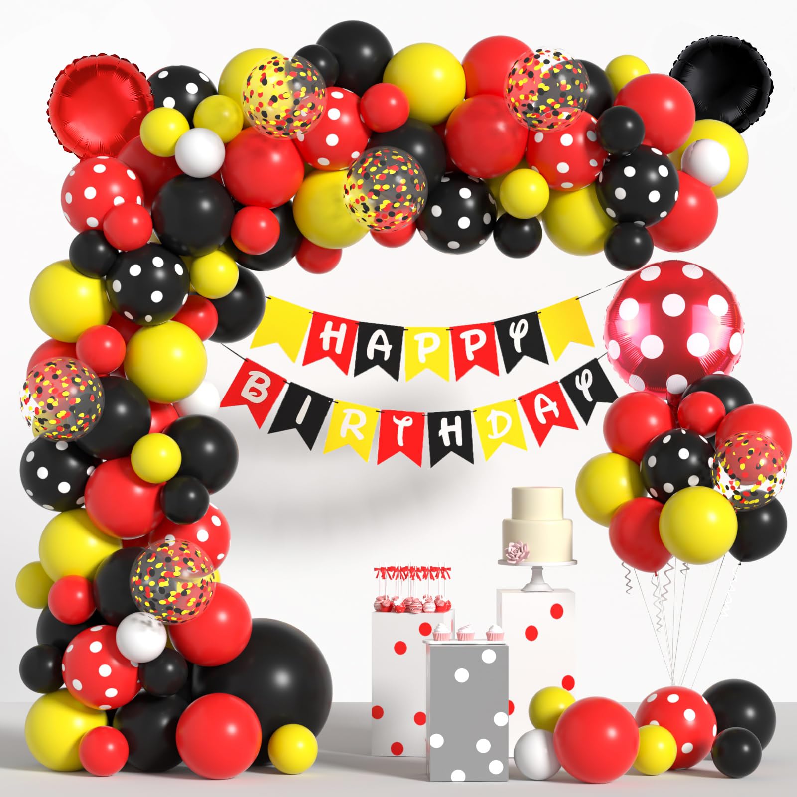Cartoon Mouse Balloon Garland for Birthday Decorations - Arch Kit With Confetti Polka Dots Red Black Yellow Balloons & Banners for Baby Shower Party Supplies