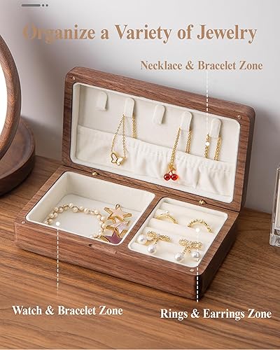 Miniatura 3 de Joyero de madera pequeño, joyero de madera de nogal delicado, regalo ideal para hombres y mujeres, organizador de joyas de viaje portátil