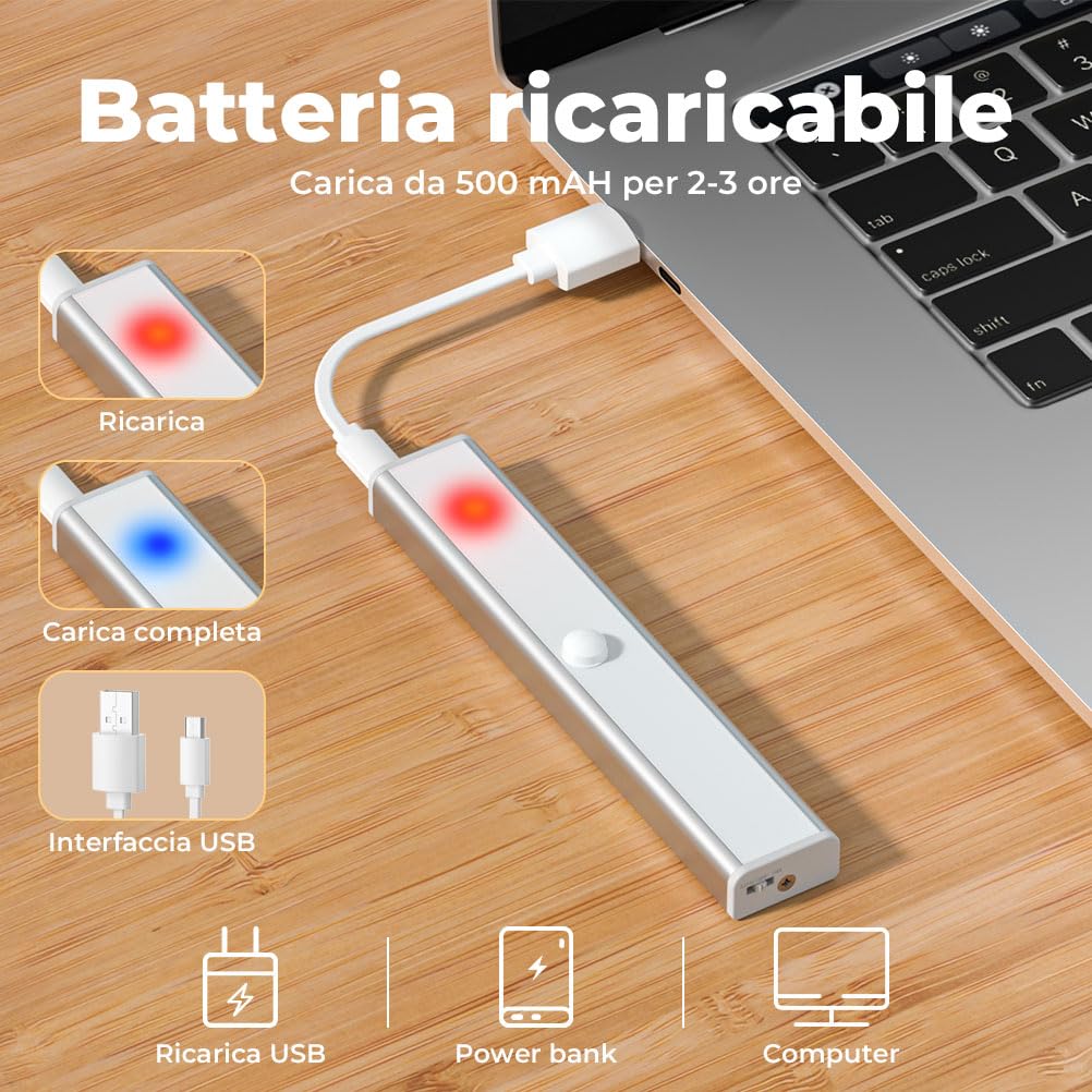 Luci LED Per Armadio Con Sensore Movimento - 72 LED Ricaricabili USB | 4 Modalità | Con Magnete - Foto 8