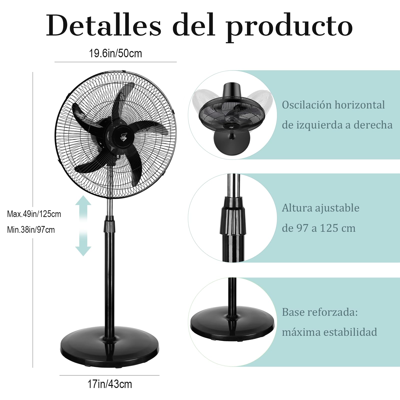 Ventilador de Pie Potente 75W, Aspas Grandes De 45 Cm, Ventilador De 3 Velocidades Ajustables, Adecuado Para Hogar, Oficina Y Almacén, Base Reforzada, Altura Ajustable,Oscilación, Negro(2PCS)