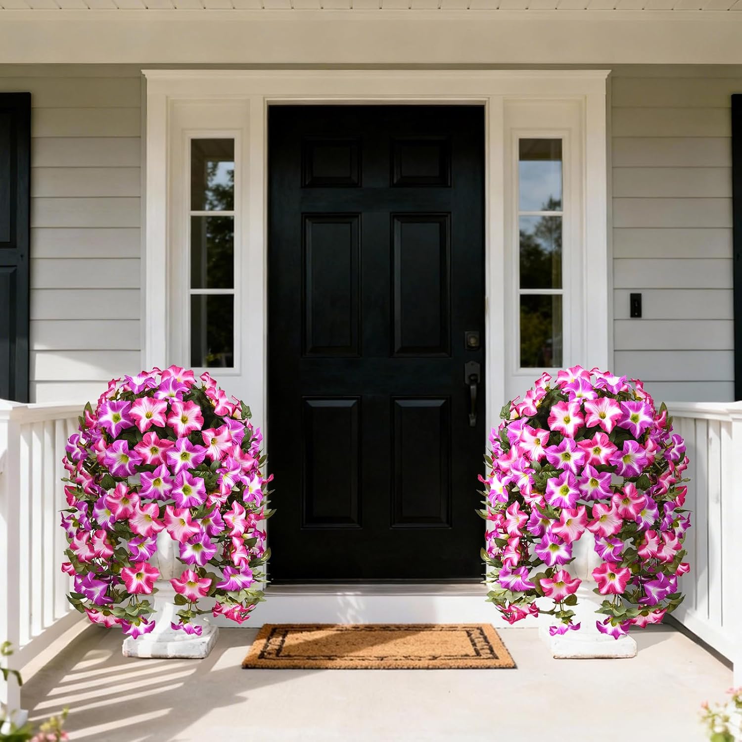 Yastouay Artificial Flowers for Outdoors, 4 Pack Artificial Petunias Fake Flowers, UV Resistant Realistic Hanging Flowers Plants for Outside Porch Patio Garden Spring Summer Decor(Double Fuchsia)