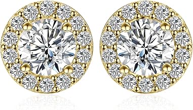 JewelryPalace 1 ct Halo Women's Stud Earrings 925 Silver with Cubic Zirconia, Piercing Stud Earrings with Round Stone, Wedding Earrings in Three Gold Wedding Jewellery Set for Women