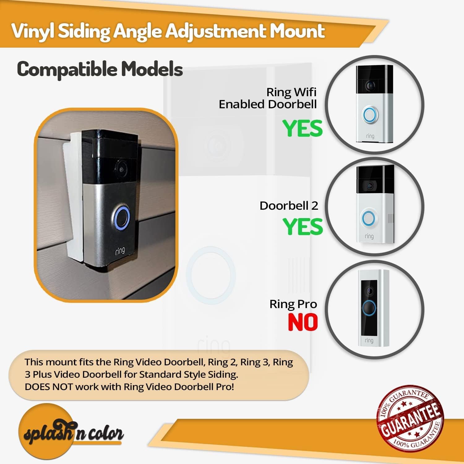 SplashNcolor Vinyl Siding Angle Adjustment Mount Compatible with Ring Video Doorbell/Video Doorbell 2, Angle Mount Wedge for Ring Video Doorbell (4" Standard Vinyl, White)