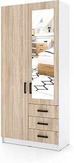 Kleiderschrank Sigma 90 cm breit mit Spiegel 2 Drehtüren und 3 Schubladen Korpus in Weiß Matt Schlafzimmerschrank Kinderzimmerschrank (Türen-Sonoma-Eiche, Schubladen-Sonoma-Eiche)