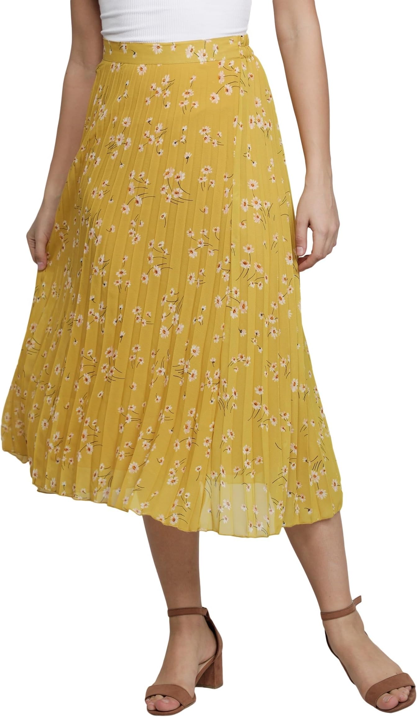 NUEVOSDAMAS Women's Ditsy Floral Print High Waist Skirt Pleated A-line Long Skirt Beach Elasticated Midi Skirt