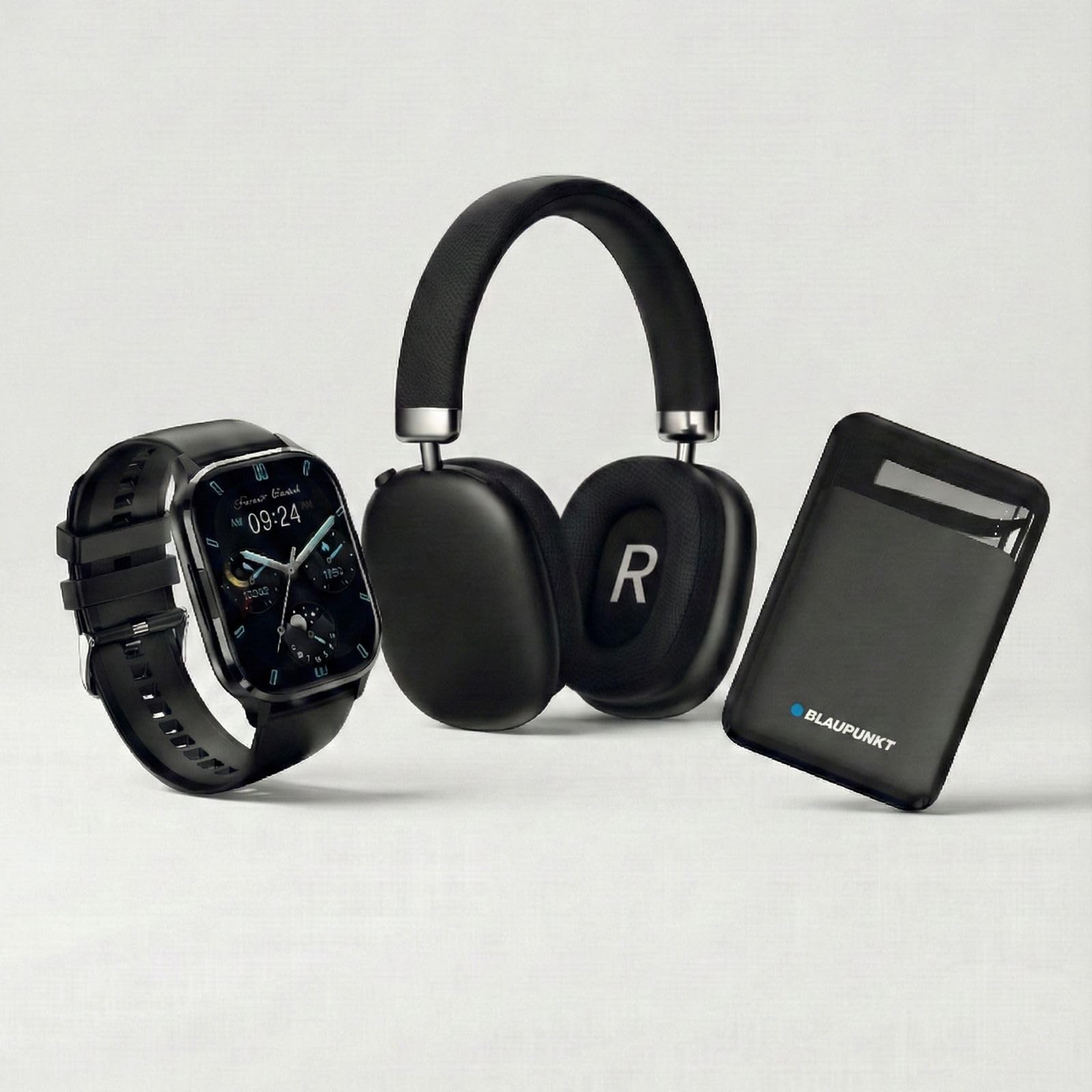 BLAUPUNKT Smartwatch 3 w 1 Pack z połączeniami Bluetooth + bezprzewodowy zestaw słuchawkowy Bluetooth z redukcją szumu + zewnętrzna bateria 5000mAh USB-C Power Bank