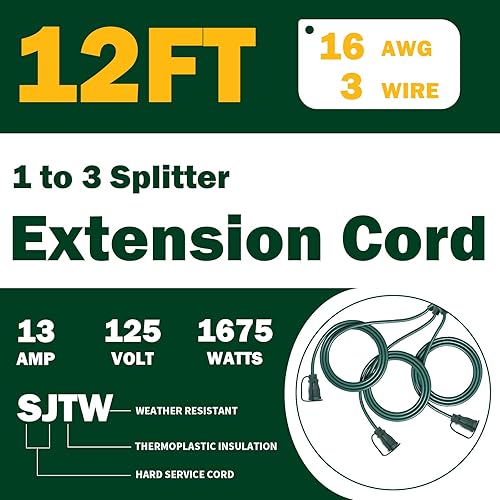 Miniatura 8 de Cable de extensión para exteriores con múltiples tomas, 25 pies, cables de extensión negros de 1 a 3 divisores, cable SJTW 163 resistente a la
