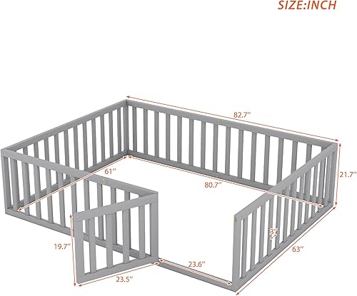 Miniatura 11 de P PURLOVE Cama de suelo de madera tamaño Queen, marco de cama con barandilla en forma de valla y puerta que se puede cerrar para niños y niñas,