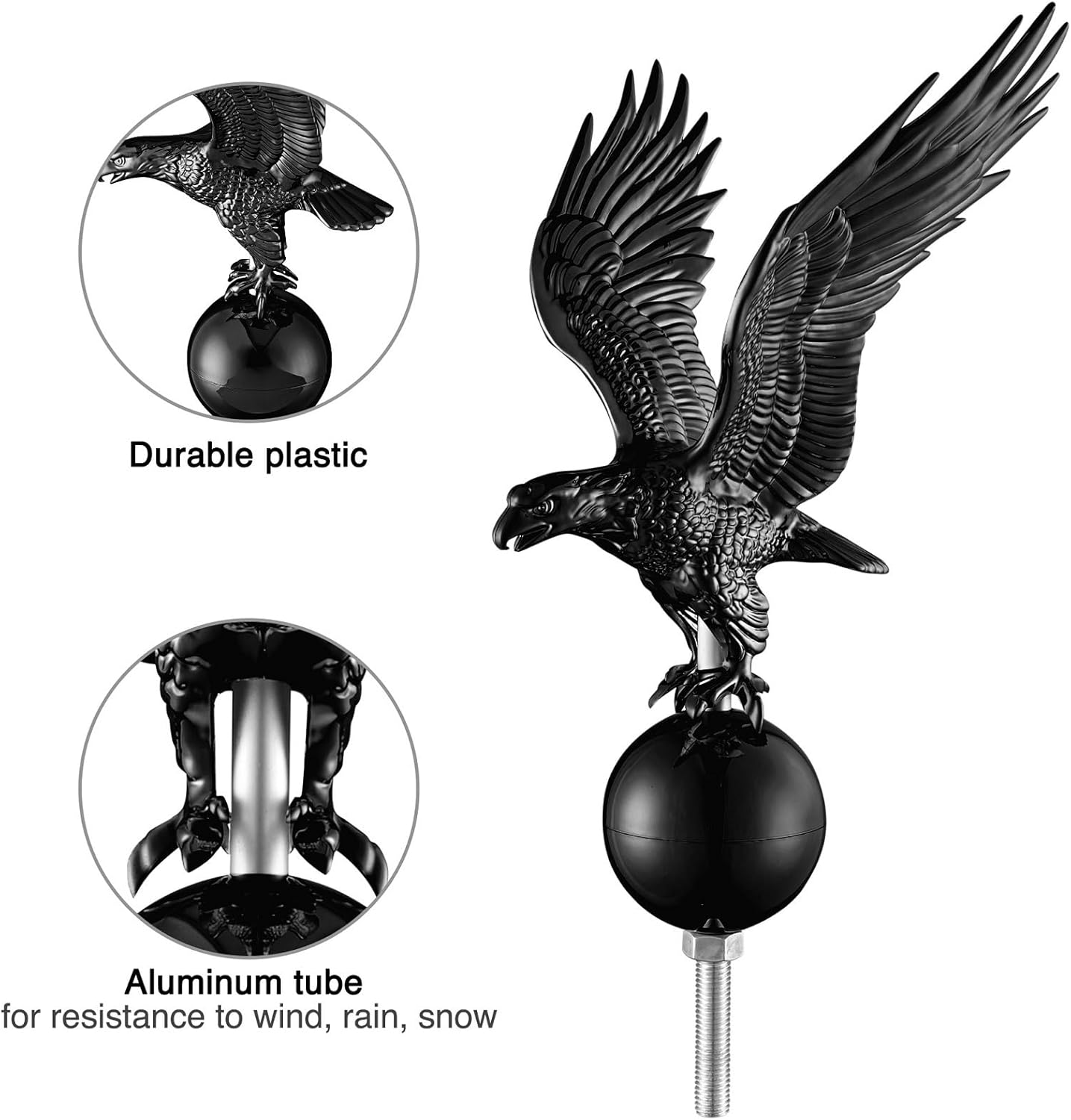 Flagpole 14" Eagle Topper Flag Pole Finial Ornament Topper for 20ft 25ft 30Ft Telescopic Flagpoles Patio Yard Outdoor Flagpole Accessories Black