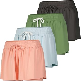 Real Essentials 4 Pack:Womens Flowy Dry Fit Running Short - Spandex Underneath Athletic Workout Gym Shorts (Plus Available)