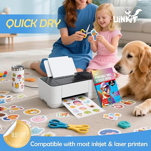 Uinkit 30 Sheets Premium Glossy Printable Vinyl Sticker Paper - Waterproof, Quickly-Dries for Pet Photos & Kids Crafts, Tear-Resistant Decals for Inkjet & Laser Printers (Letter Size 8.5"x11")