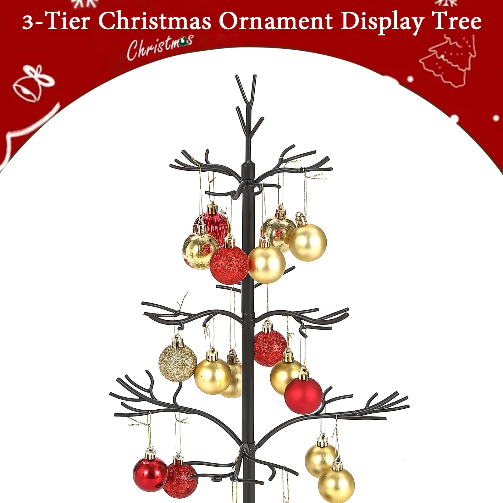 Metall-Ornament-Baum, schwarzer Weihnachtsschmuck-Ständer für Display, 55,9 cm, blanker Baum, Silhouette, Ornamente, Aufhänger, Ständer, 3-stöckige Drahtausstellungen, Bäume für