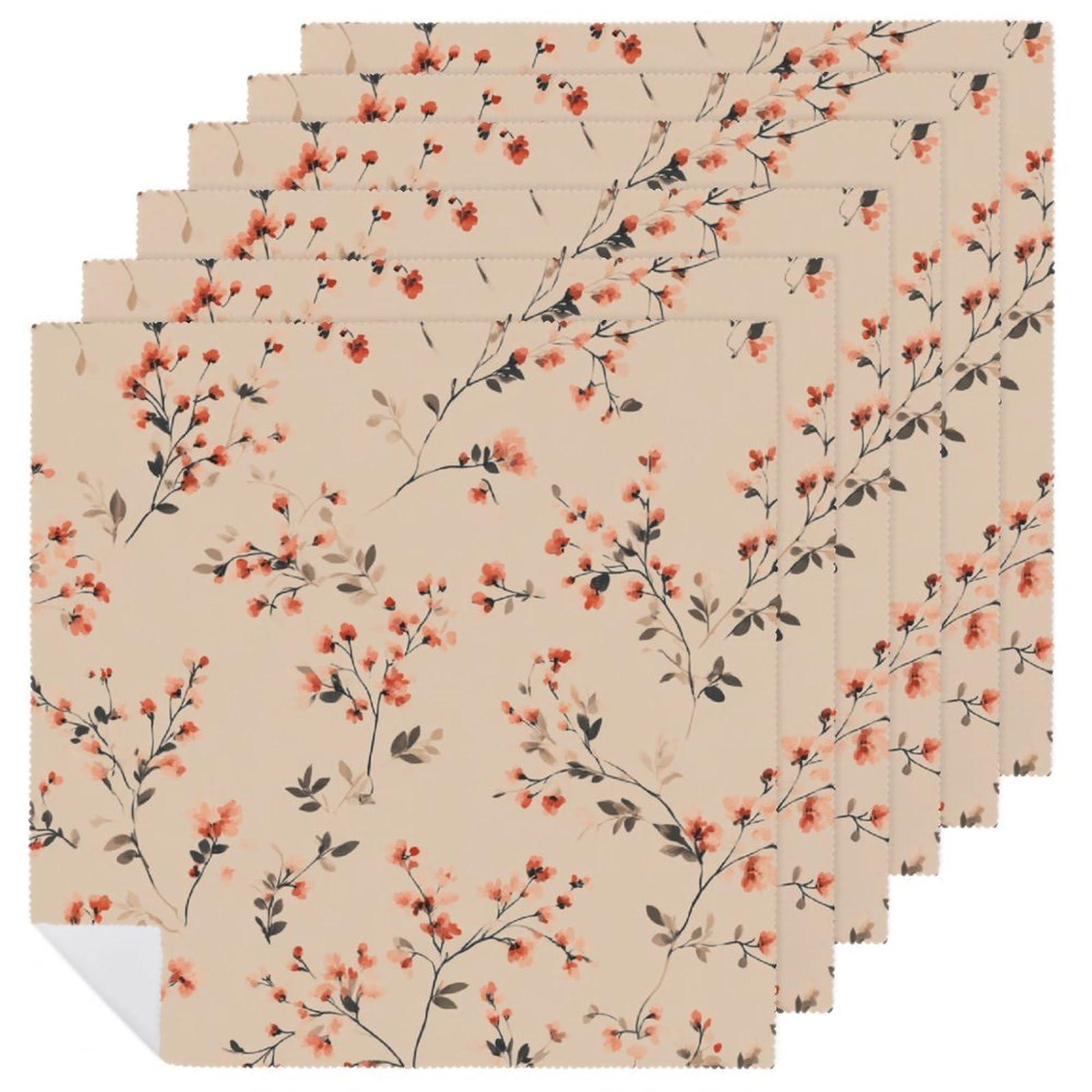 Jubonexis White Feminine Floral Print Tiny Rose Sprays Leaf Sprigs Cloth Napkins Set Of 6, Square Premium Reusable Washable Polyester Table Linen Napkin For Dinner Party