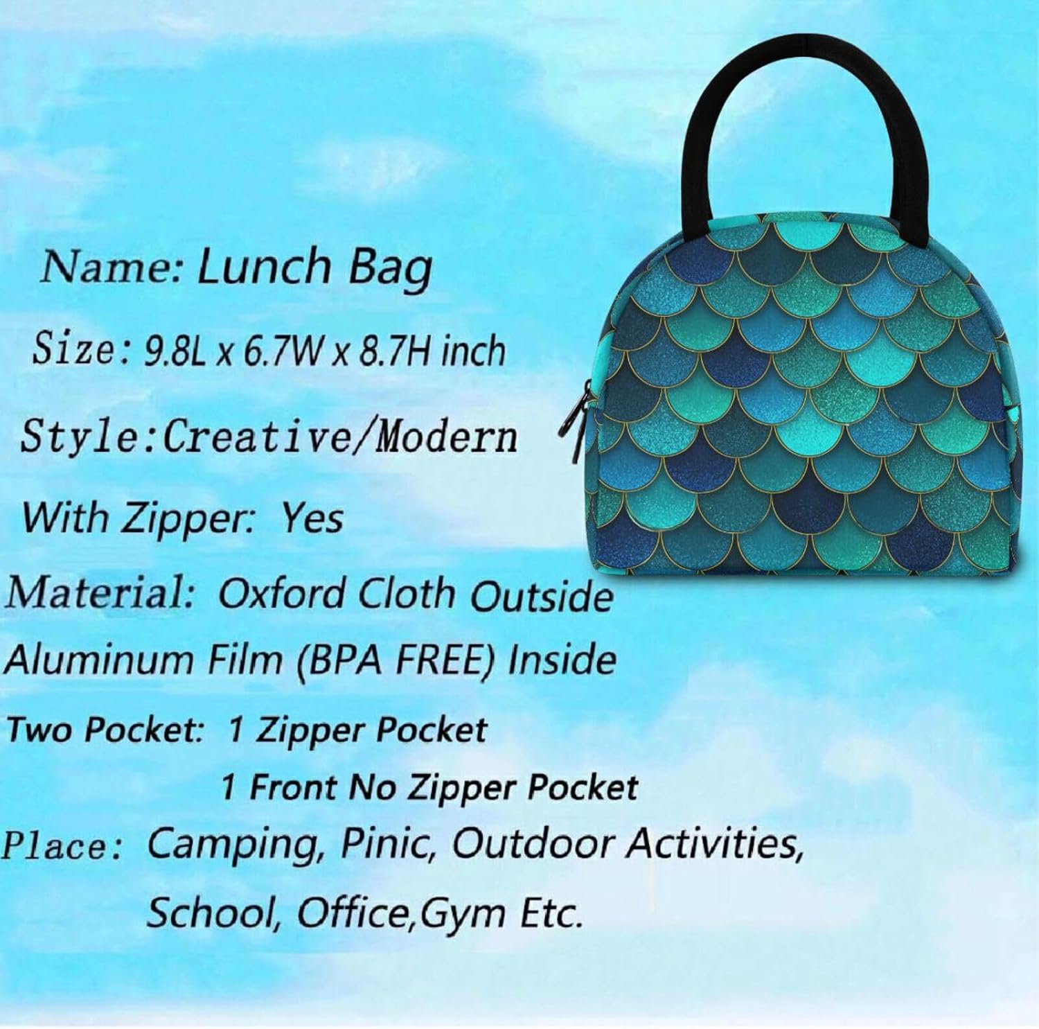 Beautiful Magic Dragon Scales Glitter Large Insulated Cooler Lunch Tote Bag image 2