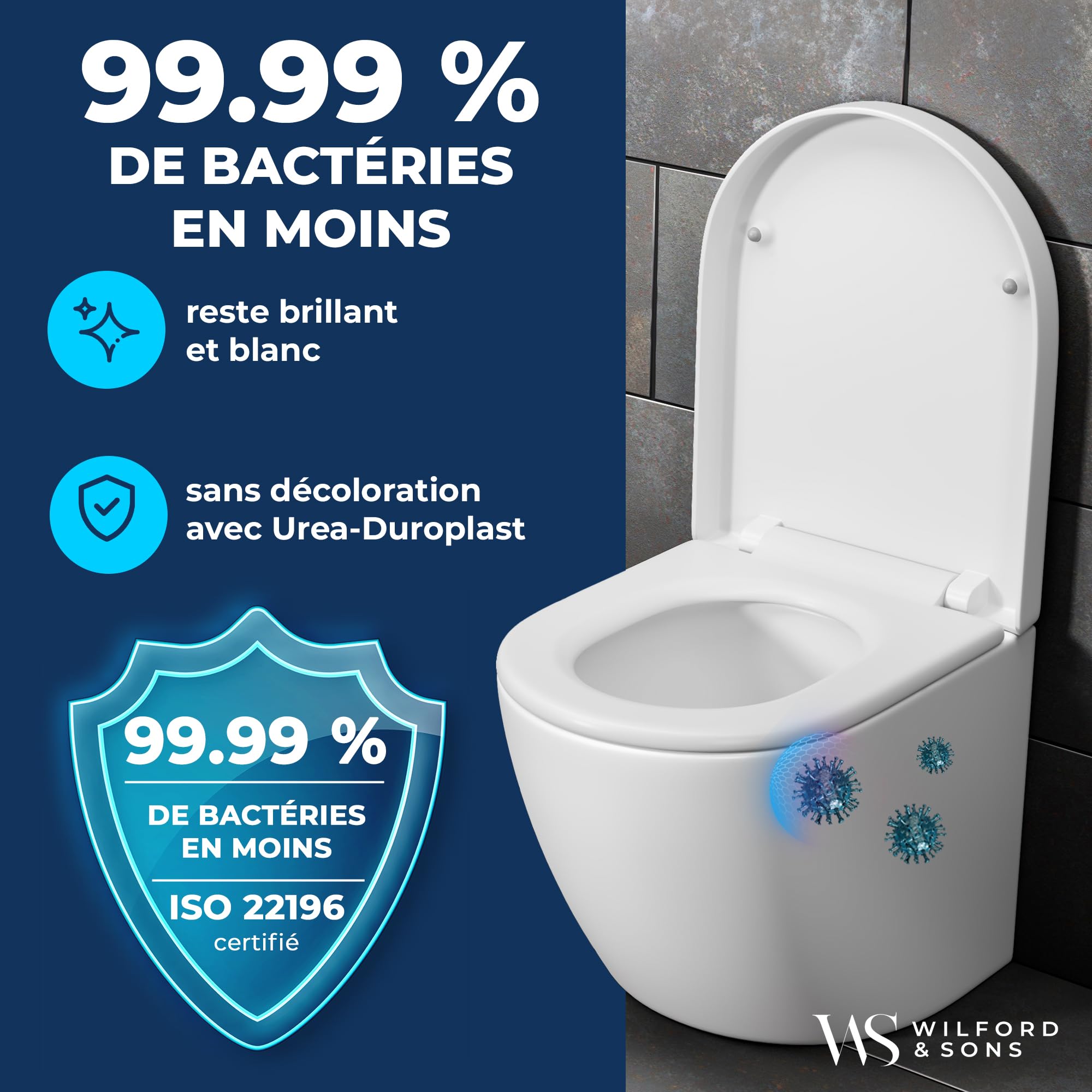 Wilford & Sons PREMIUM Abattant WC - Siège WC avec fermeture douce - Forme D Blanc - Siège de toilette de haute qualité - Siège toilette démontable - Nettoyage facile - Lunette WC en Duroplast