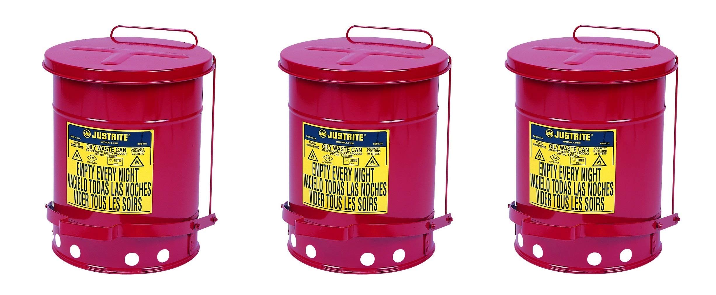 Justrite J09100 09100; Galvanized-steel; Safety cans; For Oily waste; Red; Foot Operated cover; Raised, ventilated Bottom; Reinforced ribs; Self-closing; UL listed; FM approved; 6 gal. (Pack of 3)