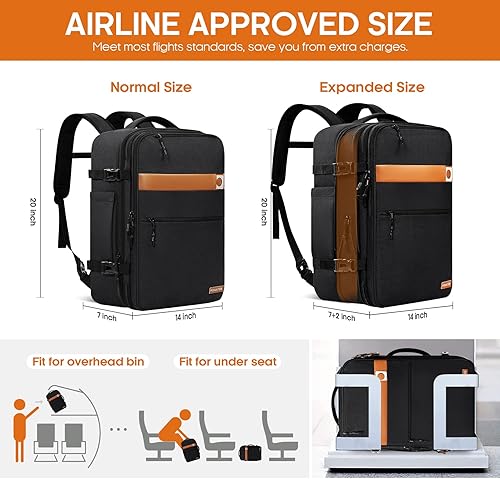 Miniatura 2 de Mochila de transporte, mochila grande de viaje para laptop de 40 L, mochila de equipaje aprobada para vuelo de 17 pulgadas para hombres, Negro