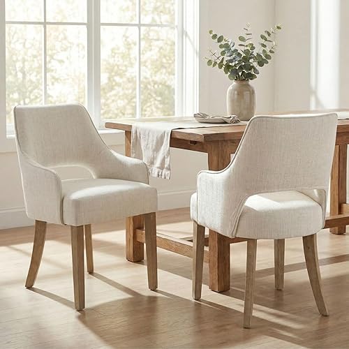 Farmhouse Dining Chairs Set of 2 Linen Kitchen Chairs with Arm Upholstered Accent Side Chair w/Wood Legs for Living Room/Dining Room/Bedroom/Restaurant, Upgraded Size, Cream