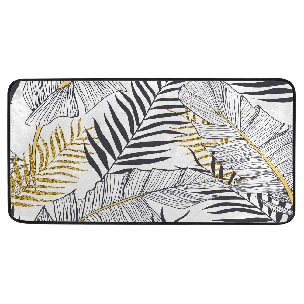 Tapis de cuisine rembourré et antidérapant à motif de feuilles de palmier dorées