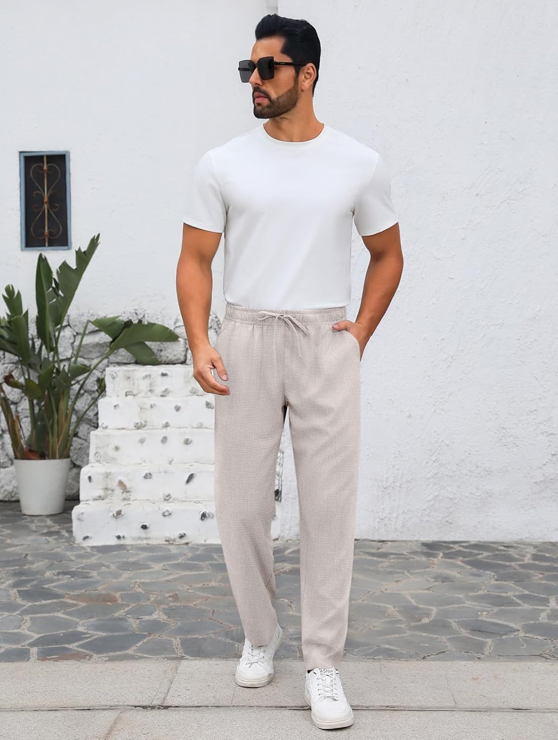 Makkrom Mens Casual Pants Drawstring Elastic Waist Lightweight Linen Pants Loose Fit Summer Beach Yoga Trousers - Image 6