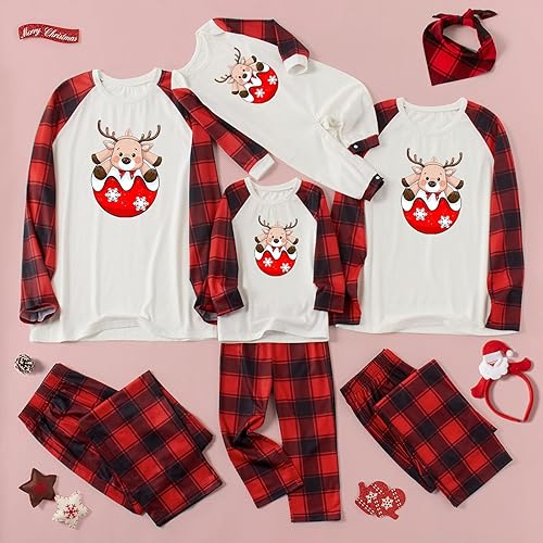 Miniatura 5 de Christmas Pajamas for Family, Matching Family Christmas PJs Sets Merry Christmas Print Top Red Plaid Pants Sleepwear