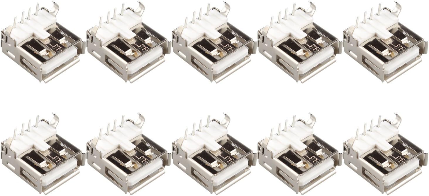 10PCS USB Type A Standard Port Female Soldering Jack Connector USB Socket Jack Connector Right Angle Solder PCB Mount 4-Pin 90 Degree Silver Tone