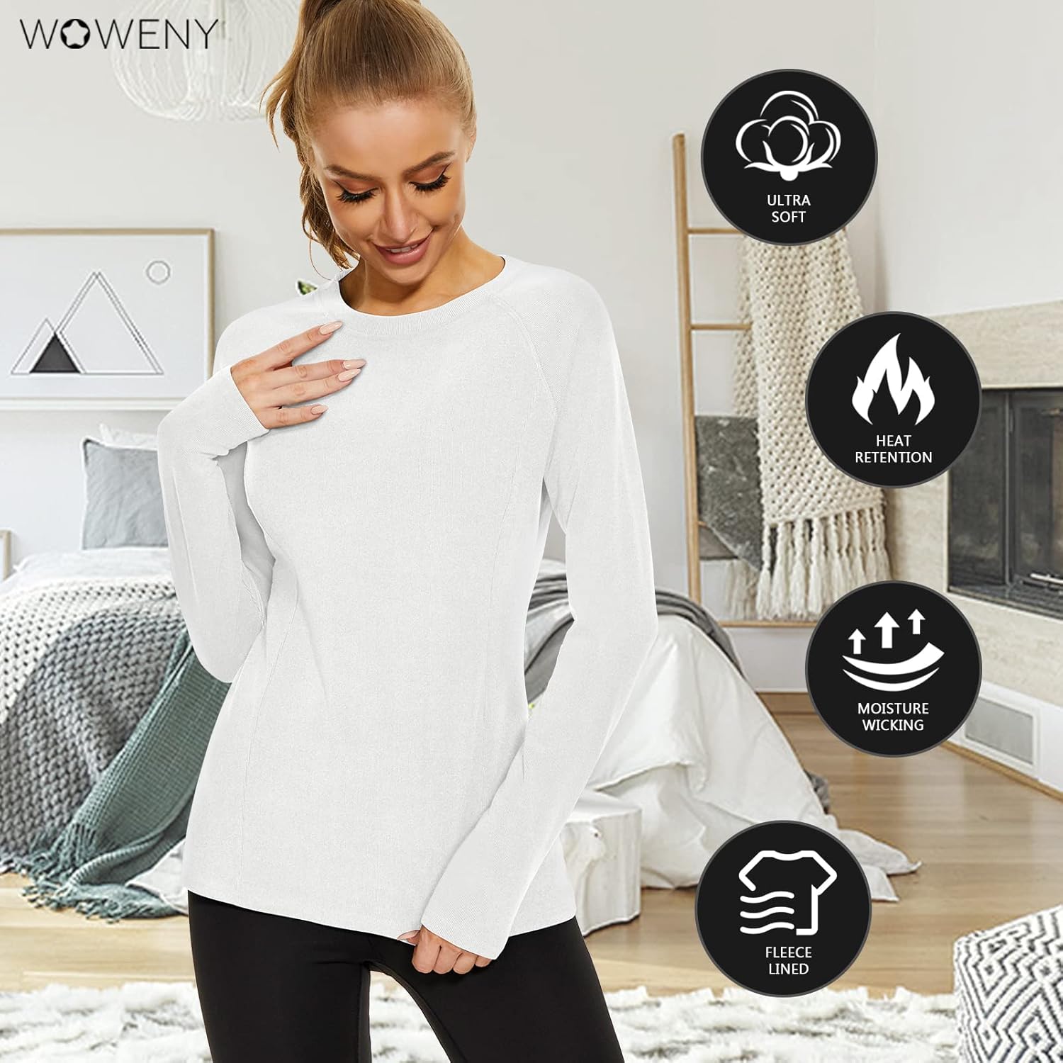 WOWENY Thermal Shirts for Women Base Layer Soft Fleece Lined Long Sleeve Top Thermal Underwear Winter Cold Weather