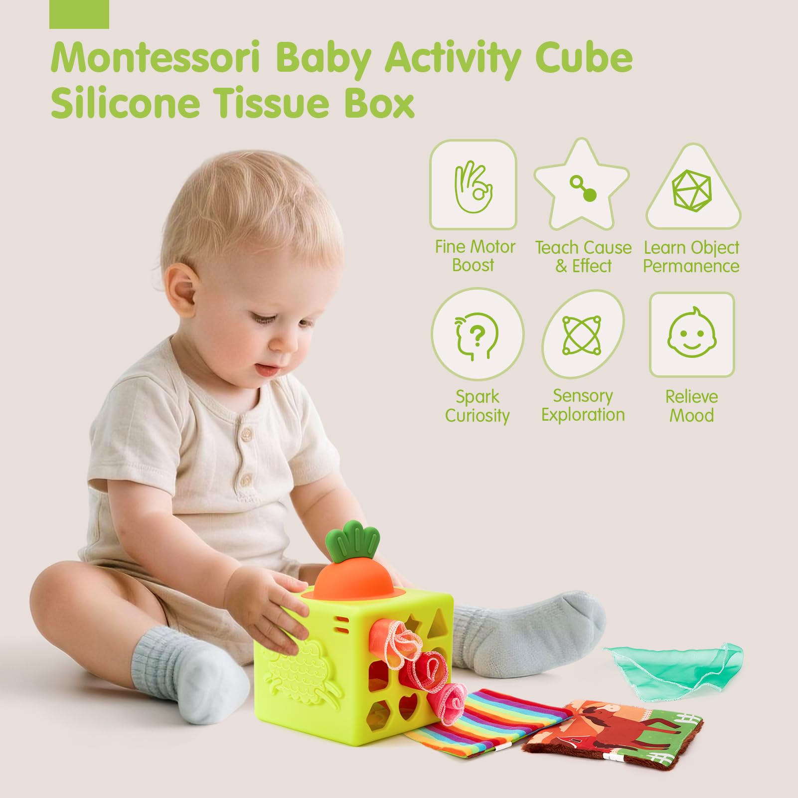 hahaland Juguetes Bebes 6-12 Meses - Caja Pañuelos de Silicona con Pop-up Interactivo, Espejo - 6 in 1 Cubo Actividades Montessori Bebe 6 Meses Regalo 1 año