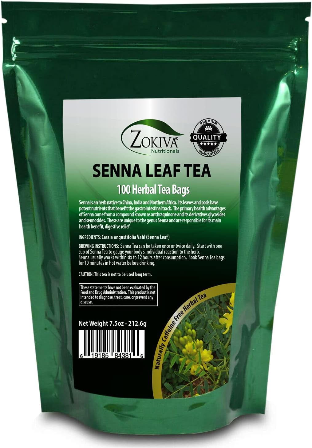 Zokiva Senna Tea - 100 Premium 2g Tea Bags for Constipation Relief and Digestive Health | 100% Natural, Herbal Laxative, Cleanser, and Digestive Support Caffeine Free