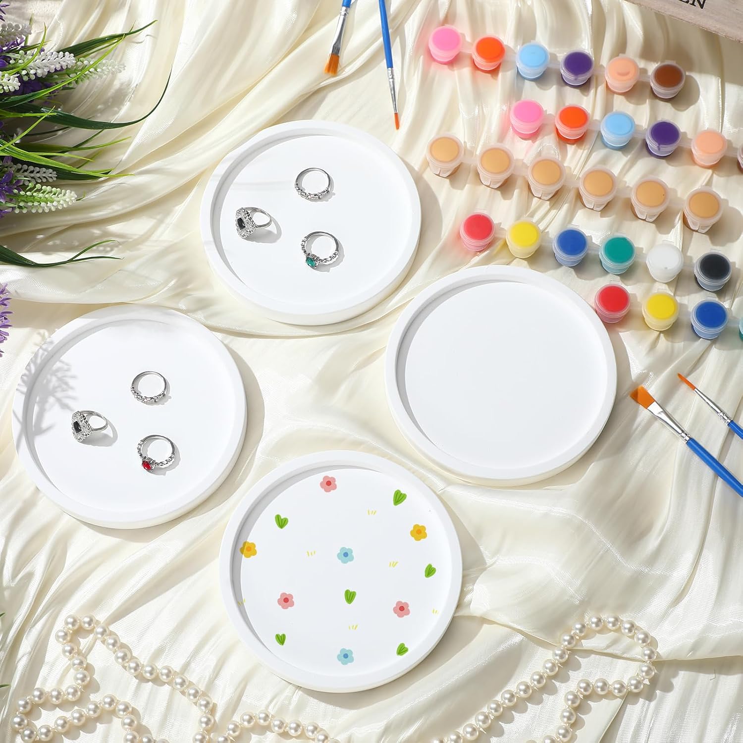 MotiMind 4 Set Ceramics to Paint Round Jewelry Tray Ready to Paint Your Own Ceramic Ring Dish Holder DIY Unpainted Plaster Trinket Dish Paintable Tray Crafts with Brush Palette for Adults