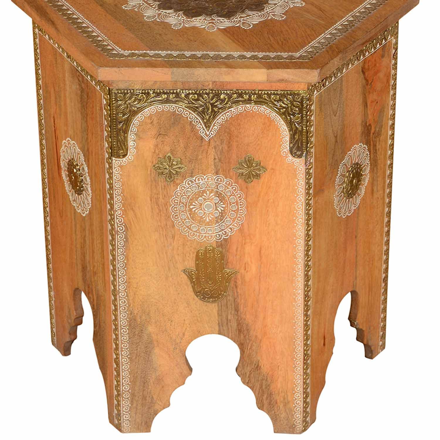 Mesa Auxiliar Marroquí De Madera Tura Rectangular 30 Cm | Mesa Vintage De Madera Decorada Con Latón Para Tu Salón | Mesa Baja Oriental Para Sofá Con Flores Marrón
