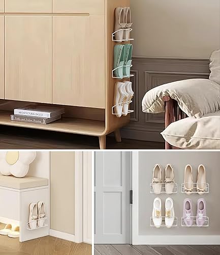 Miniatura 6 de Zapatero montado en la pared, paquete de 6 unidades, con tiras adhesivas para colgar, almacenamiento de zapatos de pared de metal, organizador de