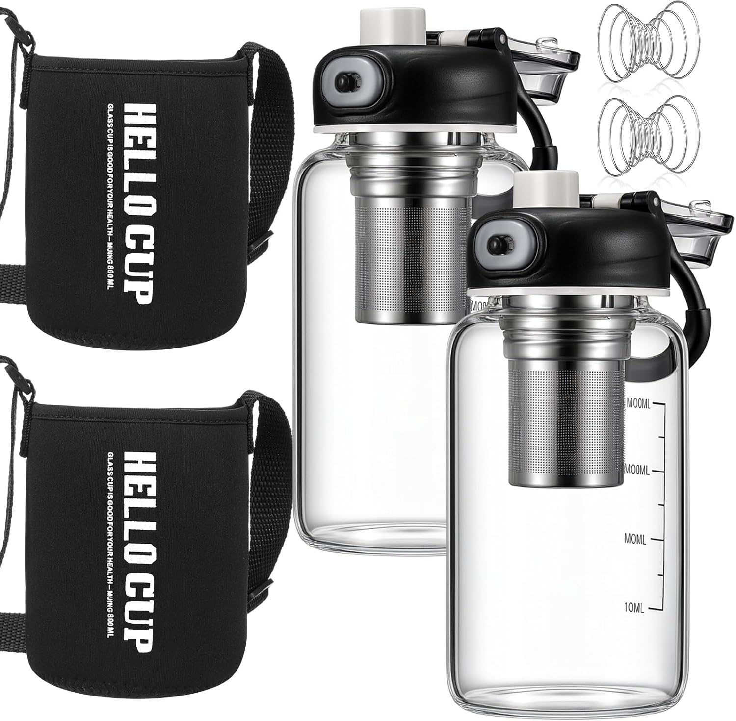 Jingmore 2 Glass Water Bottle, 27oz Shaker Cup with 304 Stainless Steel Ball, Filter and Cup Sleeve, Leak-proof Cups for Cycling, Gym, Hiking, Outdoors, Fitness Protein Mixes
