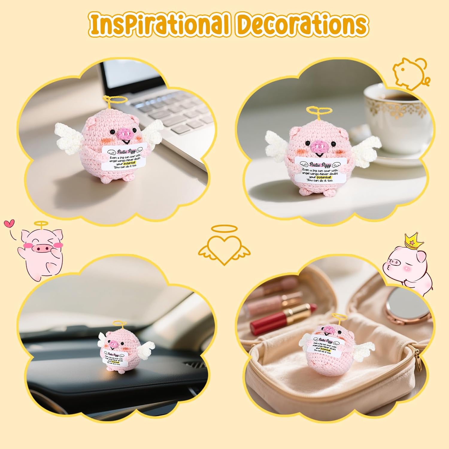 Crochet Animals Piggy,Emotional Support Piggy Positive Inspirational,Positive Birthday Gifts for Women Men Friends Family Yourself,car Decor,Desk Ornament,Living Room Ornament - Image 6