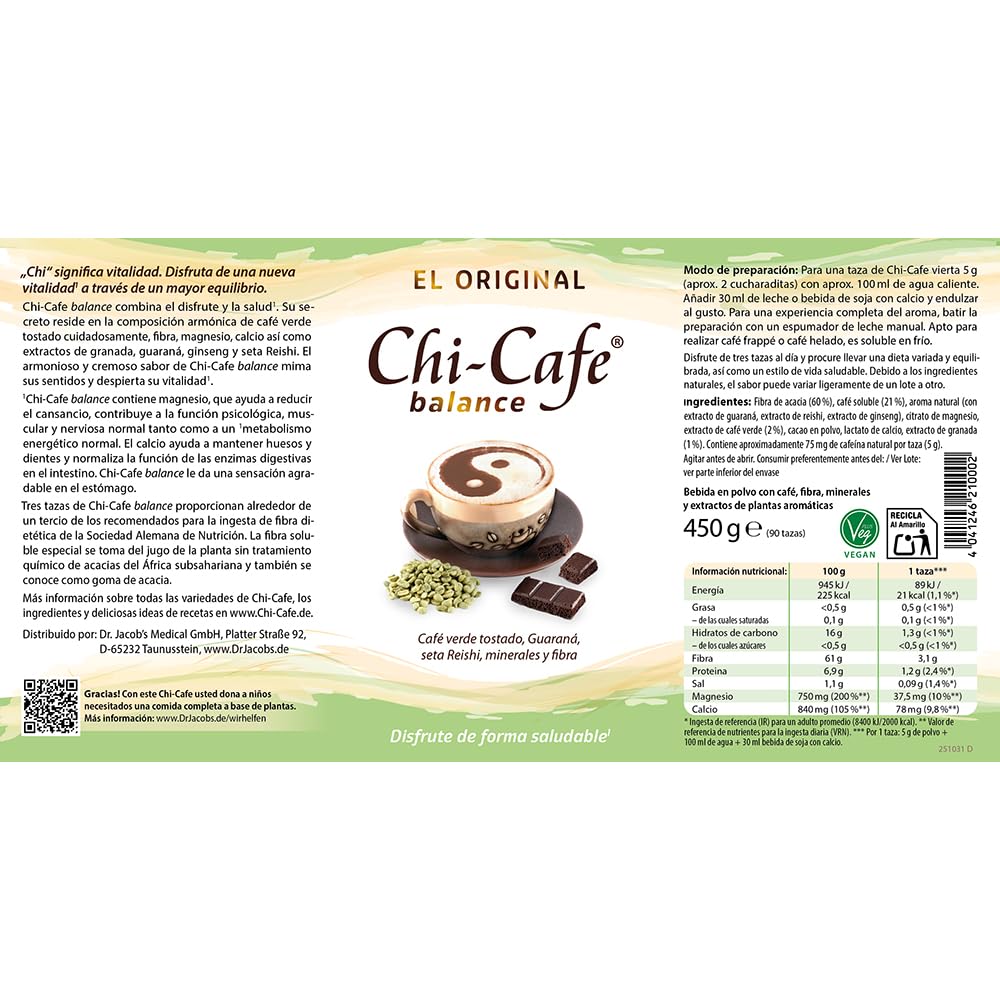 Chi-Cafe Balance Café Verde Lata 450 g I Disfruta un Café Soluble Saludable¹ Rico en Fibra Calcio y Magnesio I Bueno para la Digestión¹ Energía² y Sistema Nervioso³ I Vegano Sin Aditivos