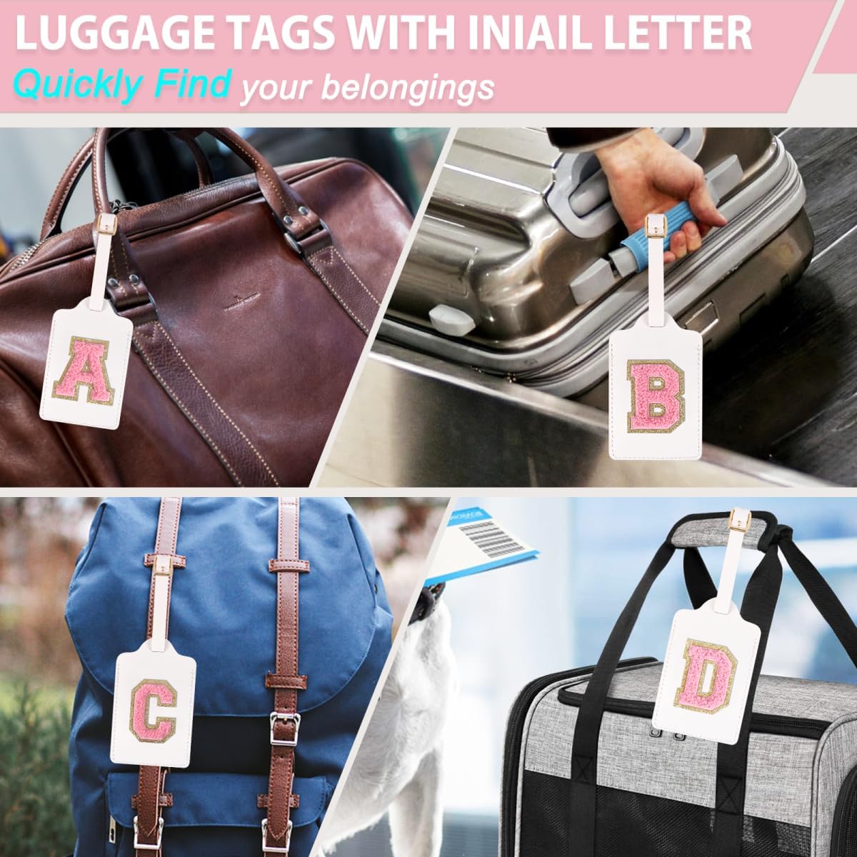 2 Pack Personalized Initial Luggage Tags for Suitcases with Chenille Letter, Cute Leather Luggage Tag Monogrammed Tags for Baggage Bag Travel Gifts for Women Kids Teens(White_V)