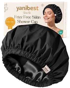 Yanibest Satin Lined Shower Cap for Women Reusable Waterproof, Frizz Free & Large Bath Cap with Soft Elastic Band, Luxury Hair Protection Caps Black